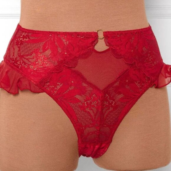 New Mentionables Red Lace Mesh Keyhole Bralette & High Leg Crotchless Panty Smal - Picture 9 of 14